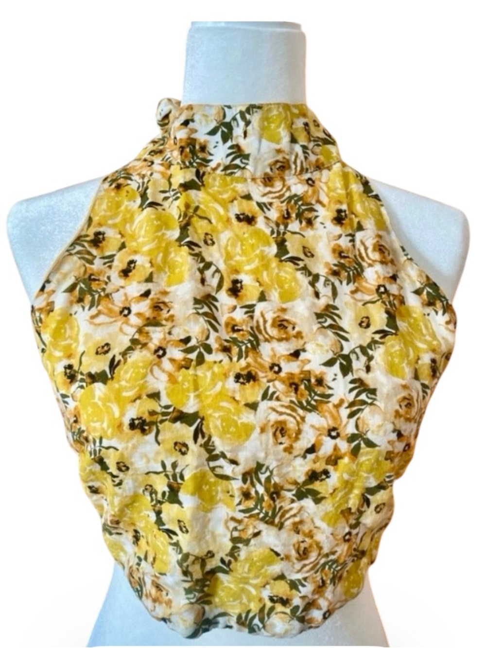 Something Navy Yellow Floral Linen Halter Crop Top Open Back M